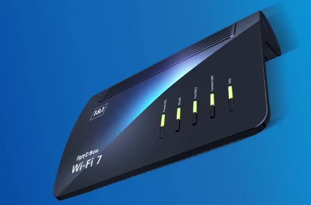 Ein WIFI-Router in dunkler Farbe auf bläulichem Hintergrund