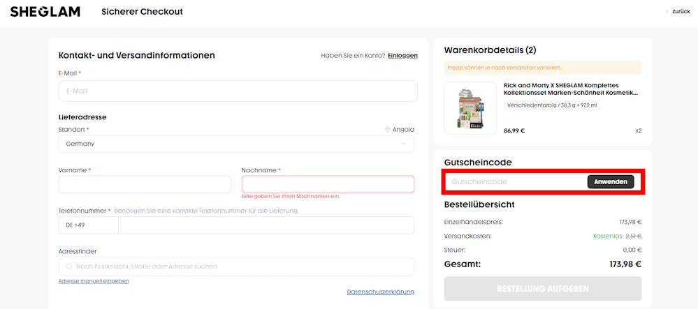 Checkout von SHEGLAM mit rotmarkiertem Eingabefeld für Rabattcodes