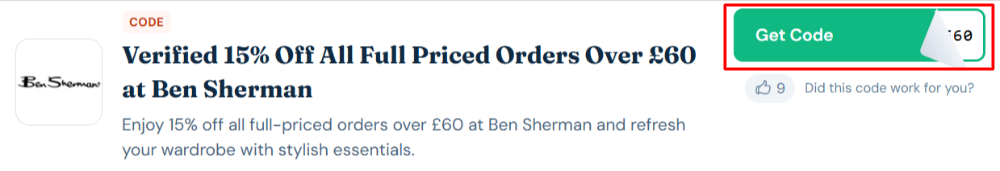 A Ben Sherman discount code with "Get Code" in a red box