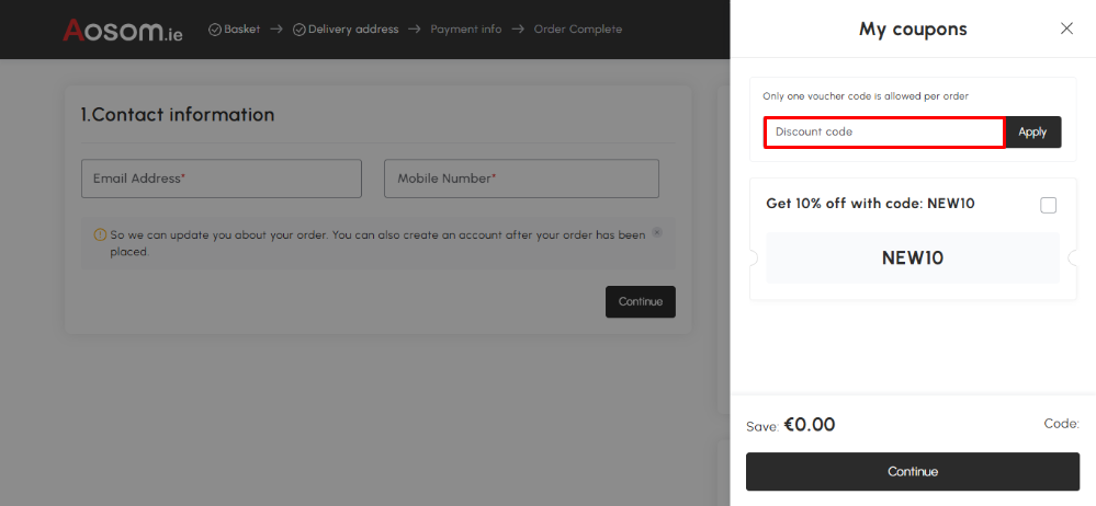 Aosom discount code place in the basket