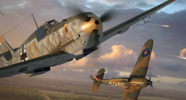Two model aircrafts up in the sky with clouds showing in the background