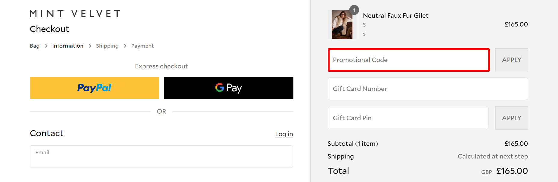 The checkout page showing where to apply your discount code