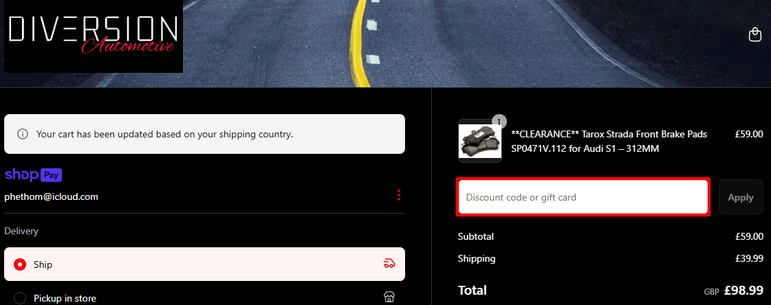 Enter a Diversion Stores promo code into the red box