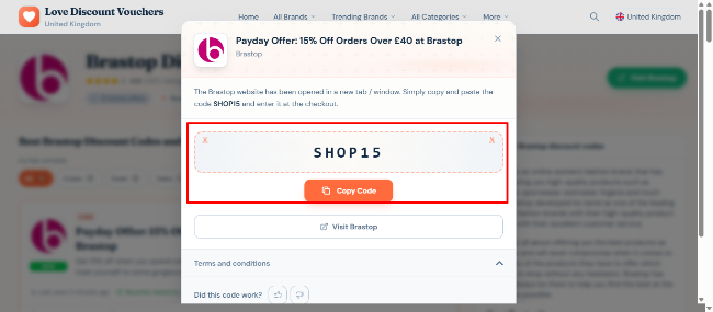 Highlighted in a red box is the link that automatically takes you to the Brastop website