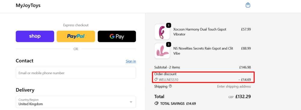 The checkout page for MyJoyToys, where you paste the code