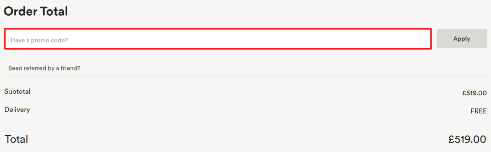 The virtual shopping basket page with where to paste the H.Samuel voucher code in a red box