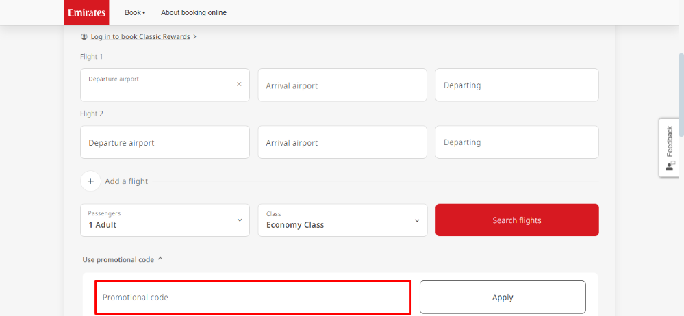 Emirates promo code place highlighted by a red box for visibility