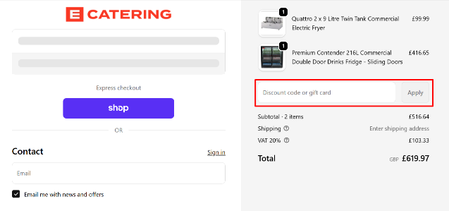 discount code box highlighted in red with cart details