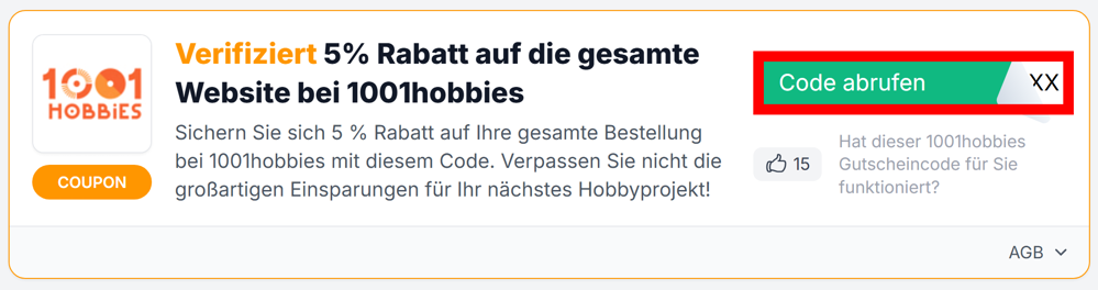 Angaben zu einem Rabattcode von 1001hobbies mit rotmarkiertem grünen Button