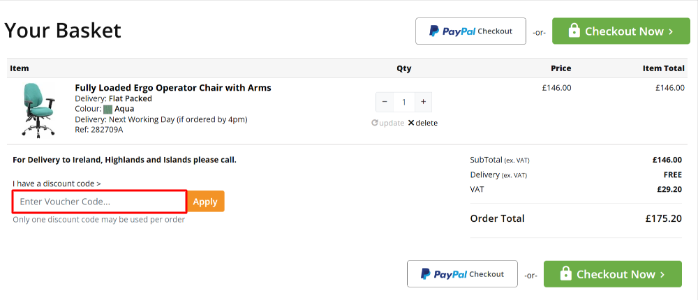 The Office Furniture Online order summary page with where to paste the Office Furniture Online discount code in a red box