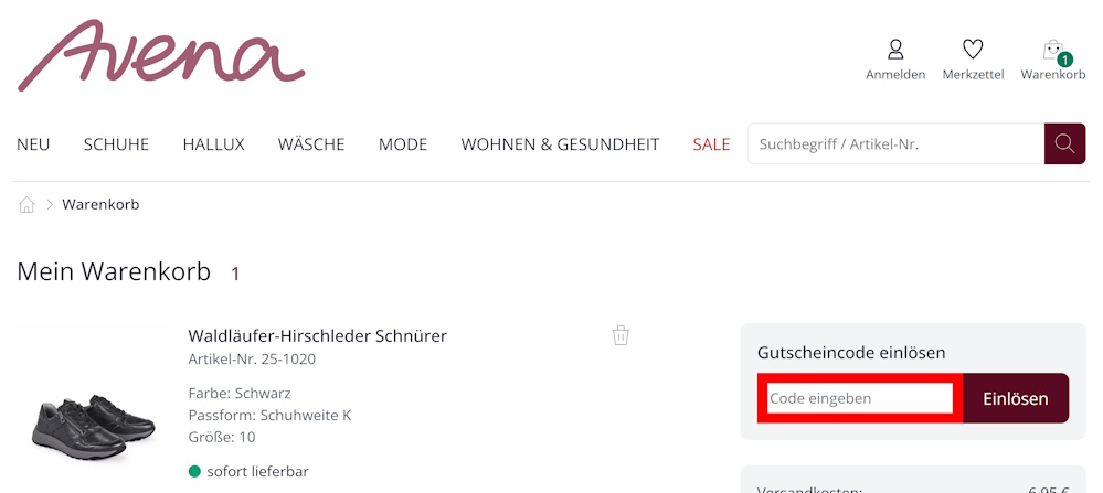 Warenkorb von Avena mit rotmarkiertem Eingabefeld für Gutscheincodes