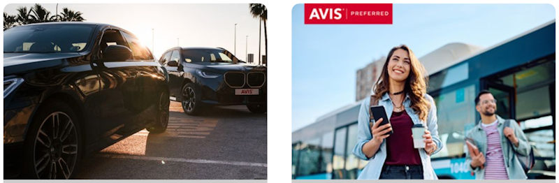 Ein Bild mit zwei Autos neben einem Bild mit zwei Personen und dem Avis-Prefered-Logo