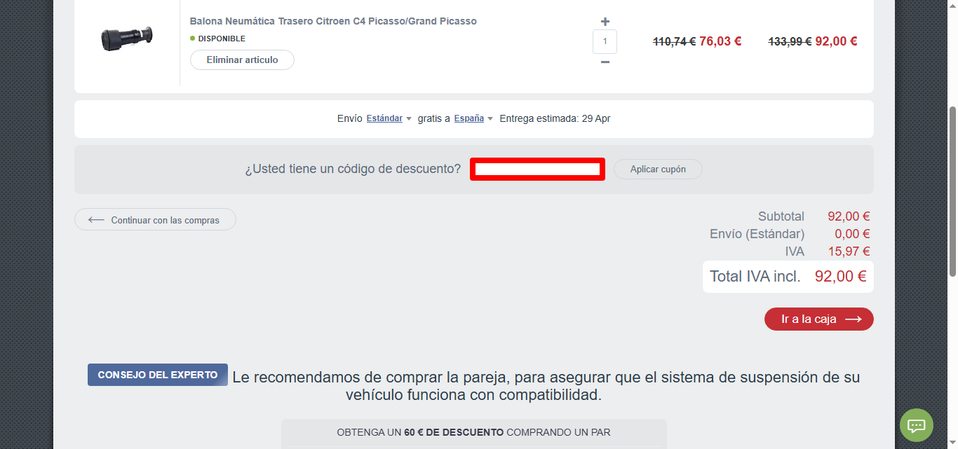 cuadro rojo para aplicar el cupón de la marca